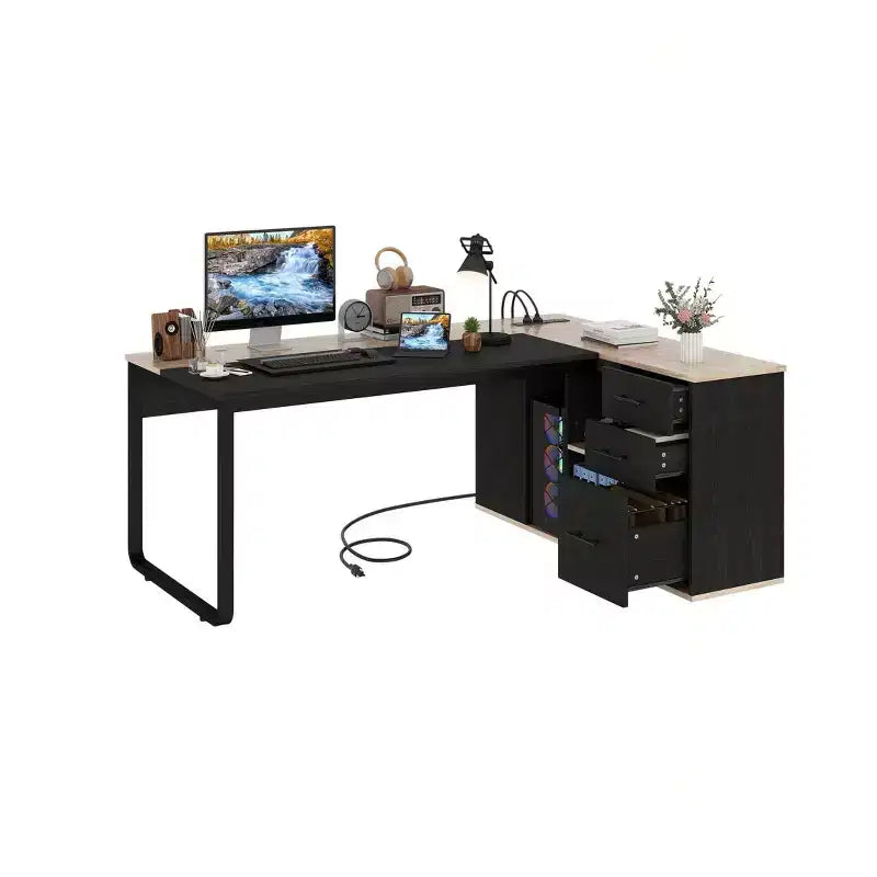 Bureau en L noir de 180 cm de long avec prises de courant et classeur pour la maison