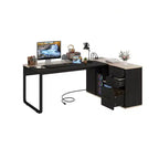 Bureau en L noir de 180 cm de long avec prises de courant et classeur pour la maison
