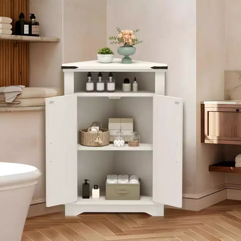 Meuble d'angle rustique COZONY avec porte coulissante de style grange, étagère de rangement réglable pour salle de bain, cuisine, salon, entrée