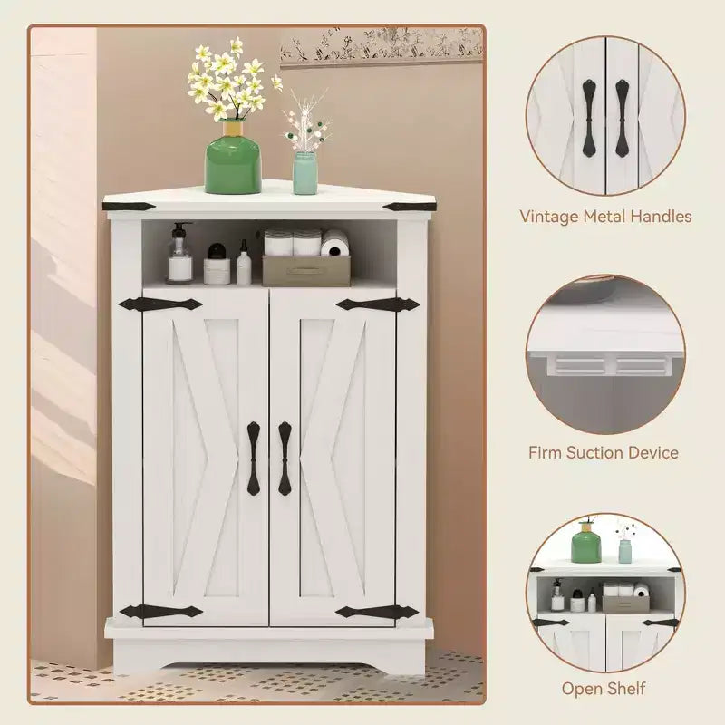 Meuble d'angle rustique COZONY avec porte coulissante de style grange, étagère de rangement réglable pour salle de bain, cuisine, salon, entrée