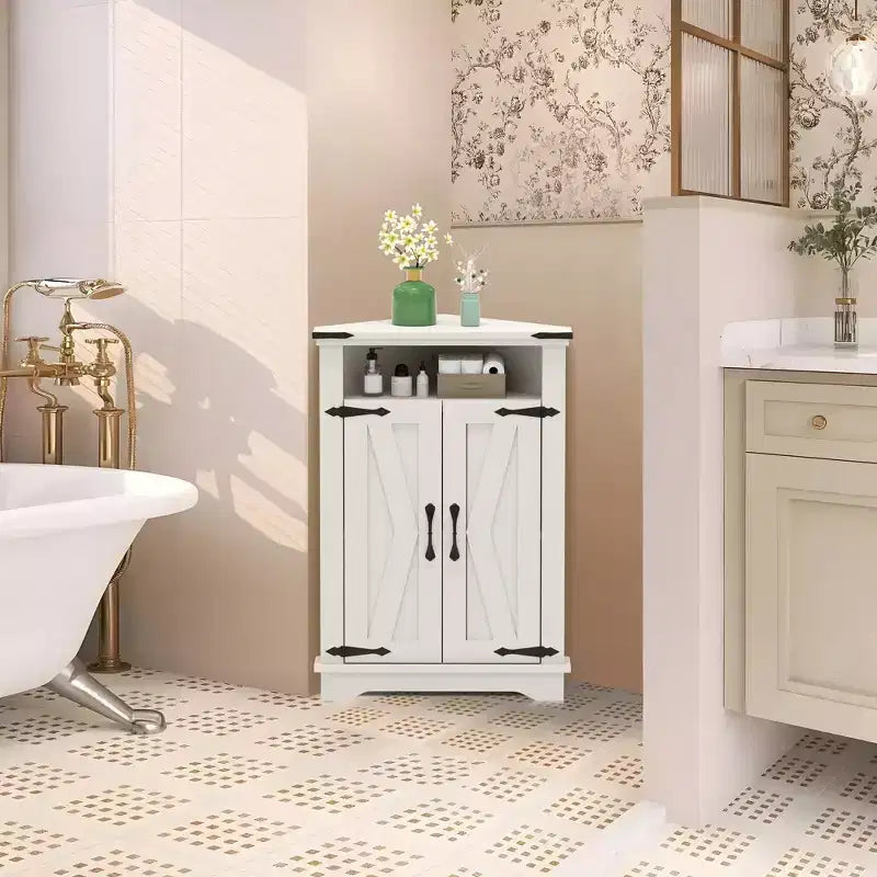 Meuble d'angle rustique COZONY avec porte coulissante de style grange, étagère de rangement réglable pour salle de bain, cuisine, salon, entrée