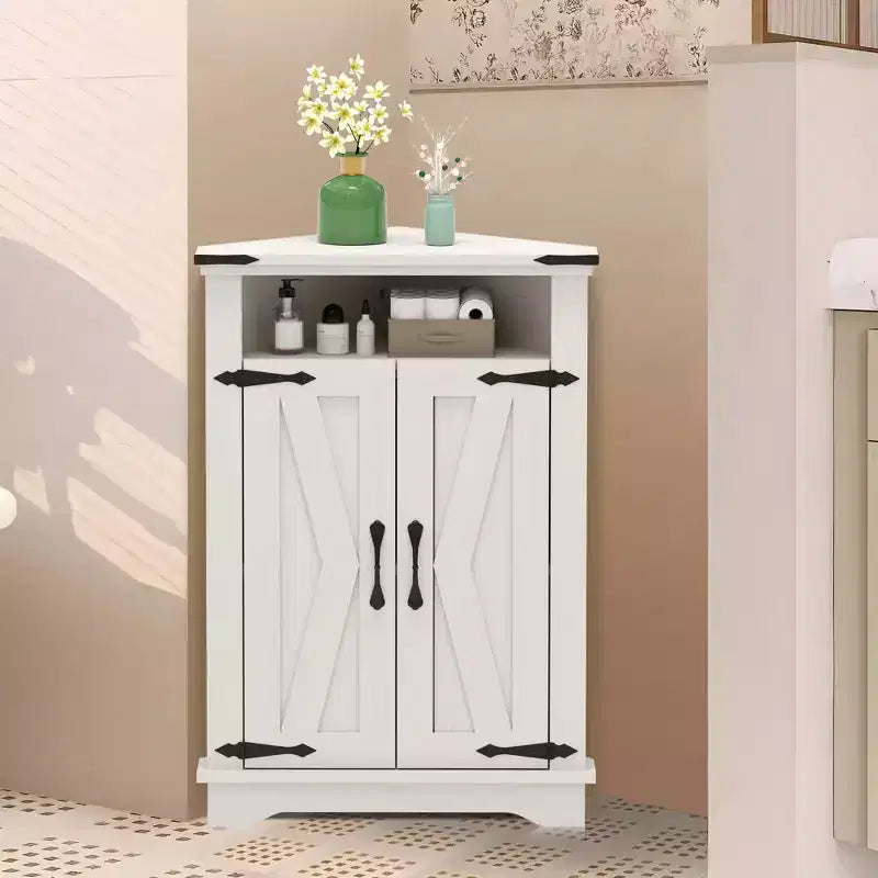 Meuble d'angle rustique COZONY avec porte coulissante de style grange, étagère de rangement réglable pour salle de bain, cuisine, salon, entrée