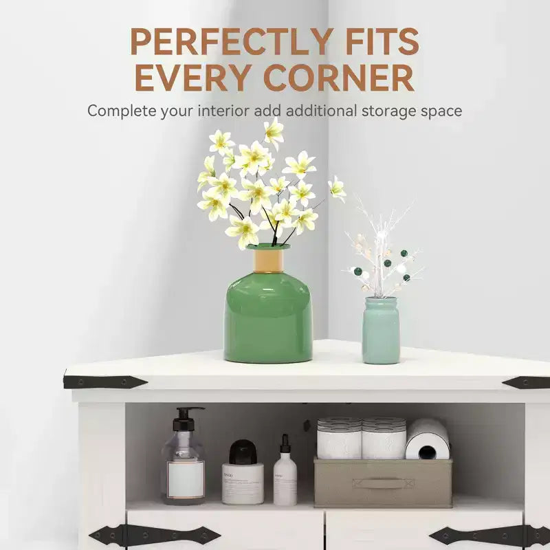 Meuble d'angle rustique COZONY avec porte coulissante de style grange, étagère de rangement réglable pour salle de bain, cuisine, salon, entrée