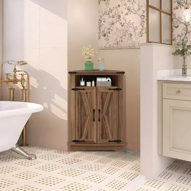 Meuble d'angle rustique COZONY avec porte coulissante de style grange, étagère de rangement réglable pour salle de bain, cuisine, salon, entrée