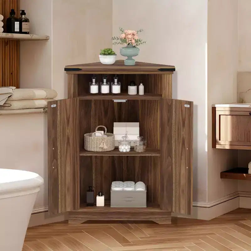 Meuble d'angle rustique COZONY avec porte coulissante de style grange, étagère de rangement réglable pour salle de bain, cuisine, salon, entrée