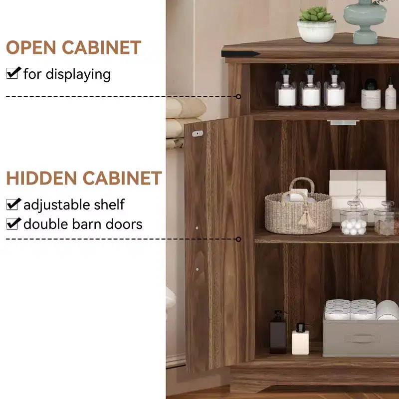 Meuble d'angle rustique COZONY avec porte coulissante de style grange, étagère de rangement réglable pour salle de bain, cuisine, salon, entrée