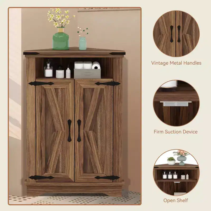 Meuble d'angle rustique COZONY avec porte coulissante de style grange, étagère de rangement réglable pour salle de bain, cuisine, salon, entrée