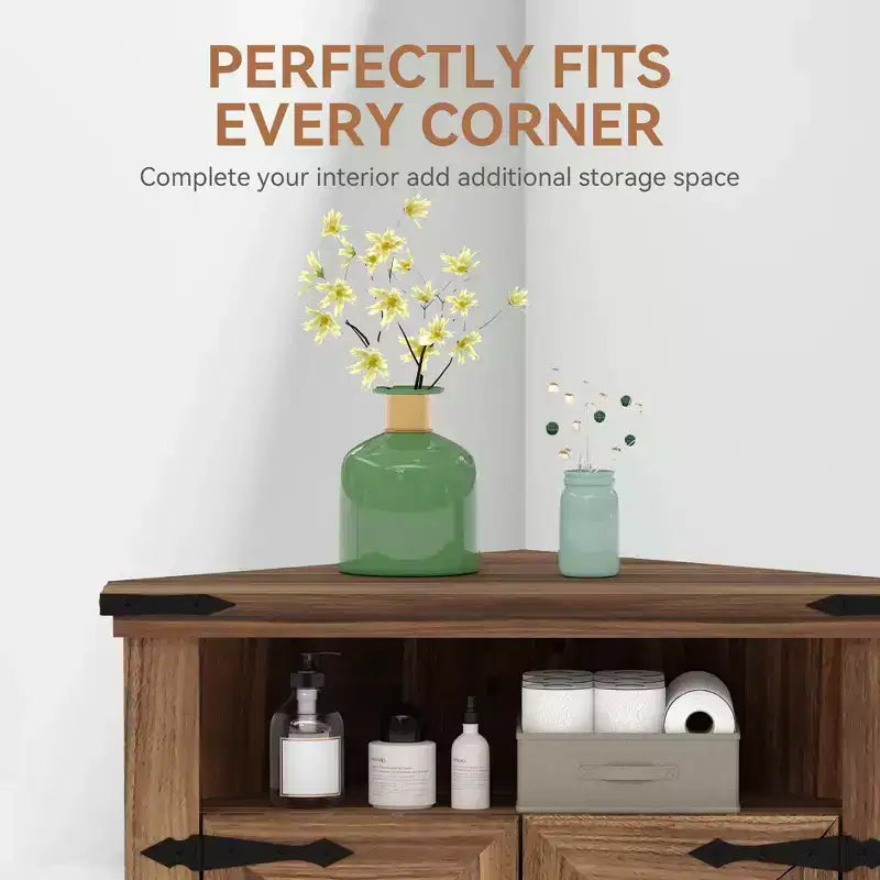Meuble d'angle rustique COZONY avec porte coulissante de style grange, étagère de rangement réglable pour salle de bain, cuisine, salon, entrée