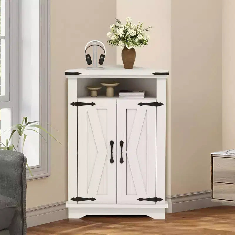 Meuble d'angle rustique COZONY avec porte coulissante de style grange, étagère de rangement réglable pour salle de bain, cuisine, salon, entrée