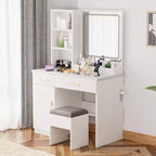 Okak 32IN Coiffeuse avec Grand Espace de Rangement, Coiffeuse avec Tabouret Rembourré et Miroir, Coiffeuse Compacte pour Chambre, Studio, Blanc