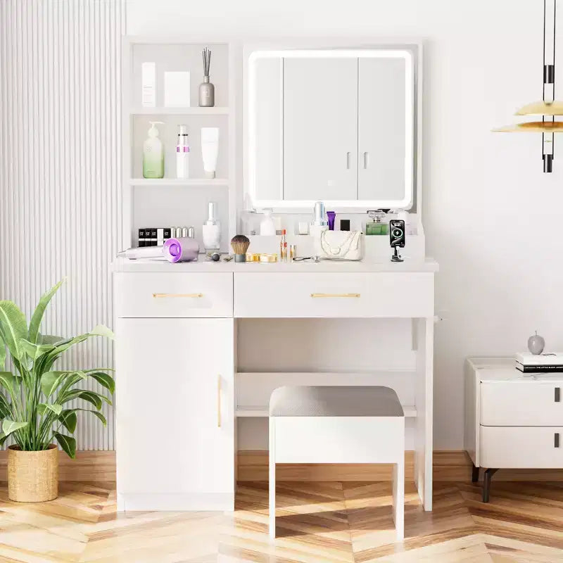 Okak 32IN Coiffeuse avec Grand Espace de Rangement, Coiffeuse avec Tabouret Rembourré et Miroir, Coiffeuse Compacte pour Chambre, Studio, Blanc