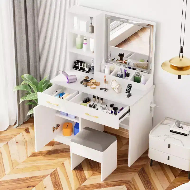 Okak 32IN Coiffeuse avec Grand Espace de Rangement, Coiffeuse avec Tabouret Rembourré et Miroir, Coiffeuse Compacte pour Chambre, Studio, Blanc