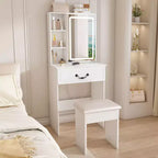 Okak Coiffeuse Compacte Moderne avec Tabouret Rembourré, Coiffeuse Multi-Niveaux avec Rangement Caché Anti-Poussière, Coiffeuse avec Miroir, Blanc