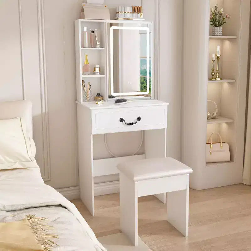 Okak Coiffeuse Compacte Moderne avec Tabouret Rembourré, Coiffeuse Multi-Niveaux avec Rangement Caché Anti-Poussière, Coiffeuse avec Miroir, Blanc