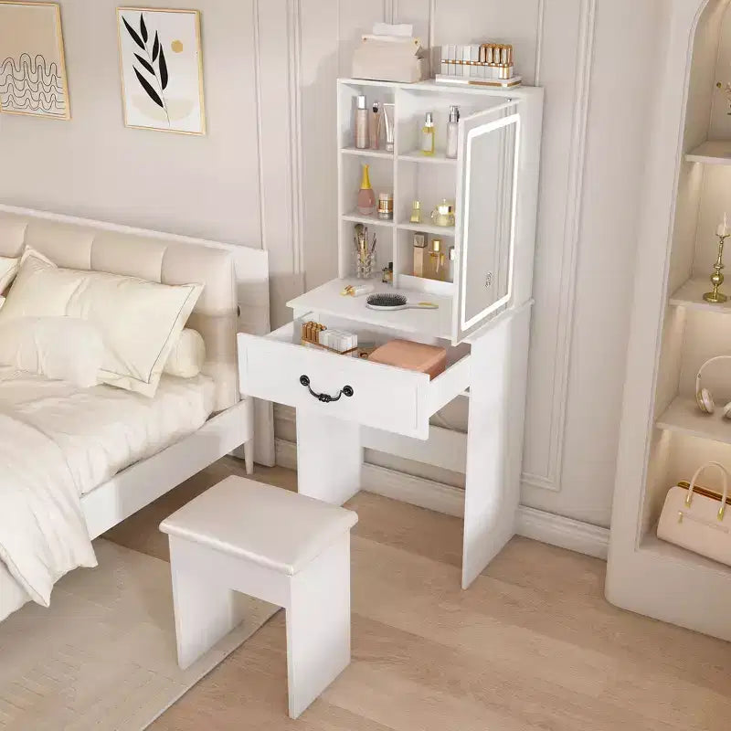 Okak Coiffeuse Compacte Moderne avec Tabouret Rembourré, Coiffeuse Multi-Niveaux avec Rangement Caché Anti-Poussière, Coiffeuse avec Miroir, Blanc