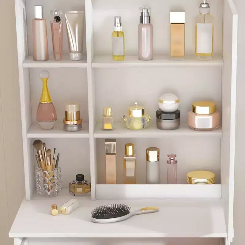 Okak Coiffeuse Compacte Moderne avec Tabouret Rembourré, Coiffeuse Multi-Niveaux avec Rangement Caché Anti-Poussière, Coiffeuse avec Miroir, Blanc
