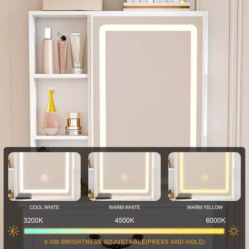 Okak Coiffeuse Compacte Moderne avec Tabouret Rembourré, Coiffeuse Multi-Niveaux avec Rangement Caché Anti-Poussière, Coiffeuse avec Miroir, Blanc