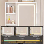 Okak Coiffeuse Compacte Moderne avec Tabouret Rembourré, Coiffeuse Multi-Niveaux avec Rangement Caché Anti-Poussière, Coiffeuse avec Miroir, Blanc