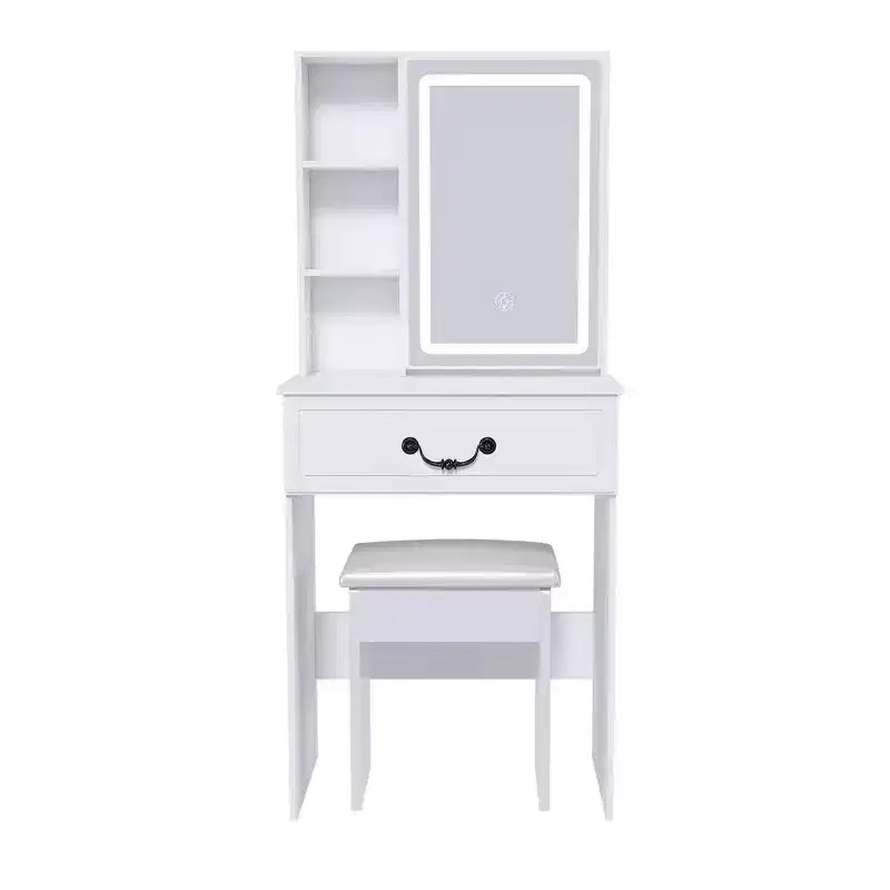 Okak Coiffeuse Compacte Moderne avec Tabouret Rembourré, Coiffeuse Multi-Niveaux avec Rangement Caché Anti-Poussière, Coiffeuse avec Miroir, Blanc