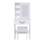 Okak Coiffeuse Compacte Moderne avec Tabouret Rembourré, Coiffeuse Multi-Niveaux avec Rangement Caché Anti-Poussière, Coiffeuse avec Miroir, Blanc