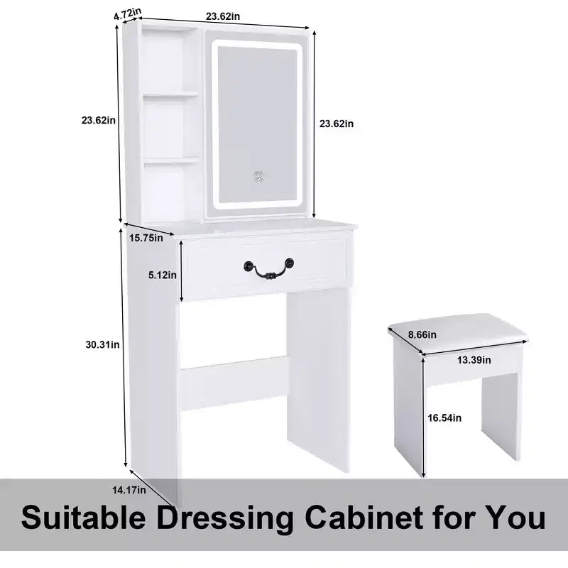 Okak Coiffeuse Compacte Moderne avec Tabouret Rembourré, Coiffeuse Multi-Niveaux avec Rangement Caché Anti-Poussière, Coiffeuse avec Miroir, Blanc