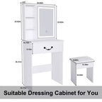 Okak Coiffeuse Compacte Moderne avec Tabouret Rembourré, Coiffeuse Multi-Niveaux avec Rangement Caché Anti-Poussière, Coiffeuse avec Miroir, Blanc