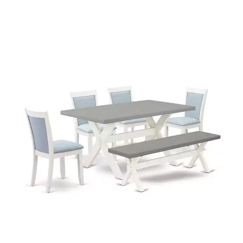 HomeStock 6-Piece Rectangle Wire Brushed Linen White Finish Solid Wood Top Dining Table with 1-Bench, 4-Chairs