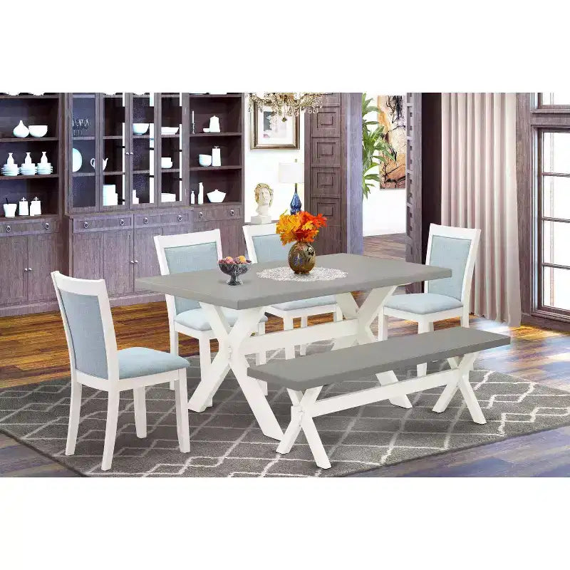 HomeStock Table de salle à manger 6 pièces rectangulaire en bois massif brossé blanc lin avec 1 banc et 4 chaises