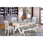 HomeStock Table de salle à manger 6 pièces rectangulaire en bois massif brossé blanc lin avec 1 banc et 4 chaises