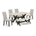 HomeStock 6-Pc Rectangle Natural Oak Finish Solid Wood Top Dining Table with 1-Bench, 4-Chairs