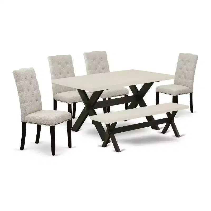 HomeStock 6-Pc Rectangle Natural Oak Finish Solid Wood Top Dining Table with 1-Bench, 4-Chairs