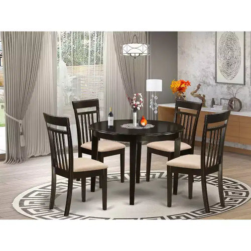 Table à manger ronde 5 pièces en bois massif finition cappuccino avec 4 chaises