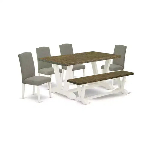 6-Piece Rectangle Distressed Jacobean Finish Solid Wood Top Dining Table with 1-Bench, 4-Chairs with