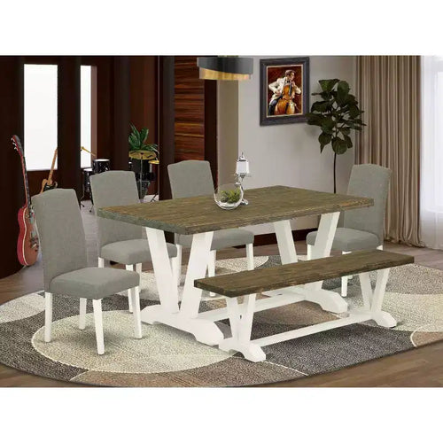 Table à manger en bois massif 6 pièces à plateau rectangulaire, finition jacobine patinée, avec 1 banc et 4 chaises