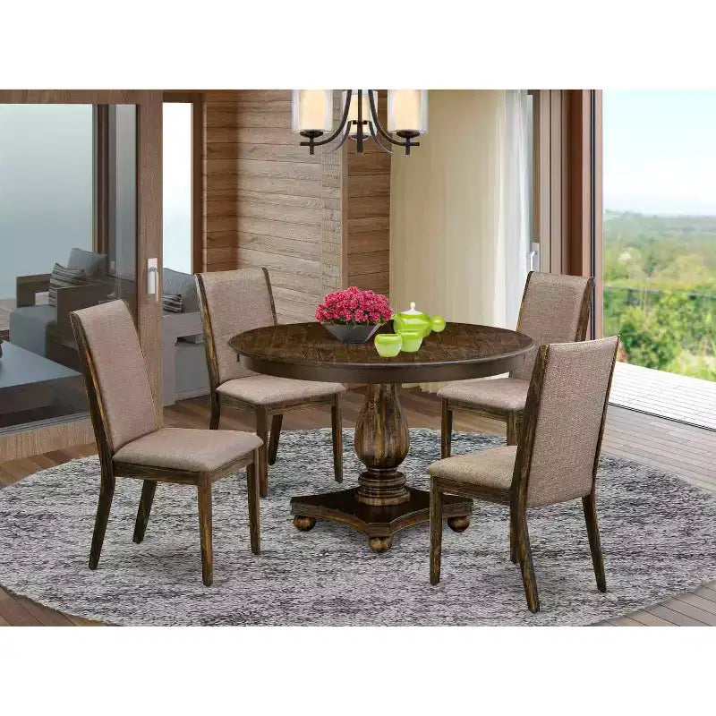 Table à manger 5 pièces en bois massif HomeStock avec plateau finition jacobine vieillie et 4 chaises