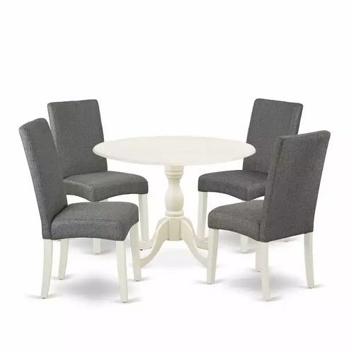 5-Piece Linen White Finish Solid Wood Top Dining table with 4 Chairs with Drop Leaf