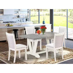 HomeStock Table à manger 5 pièces avec plateau en bois massif finition blanc lin brossé et 4 chaises rembourrées