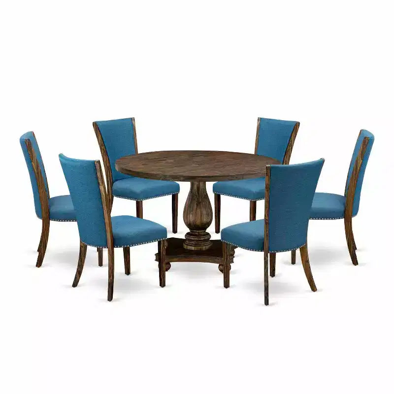 HomeStock 7-Piece Distressed Jacobean Finish Solid Wood Top Dining Table with 6-Parson Chairs