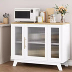 Acekool 35.8 Buffet de salle à manger blanc pur, portes en verre cannelé, poignées dorées, étagère réglable, console pour cuisine et salon