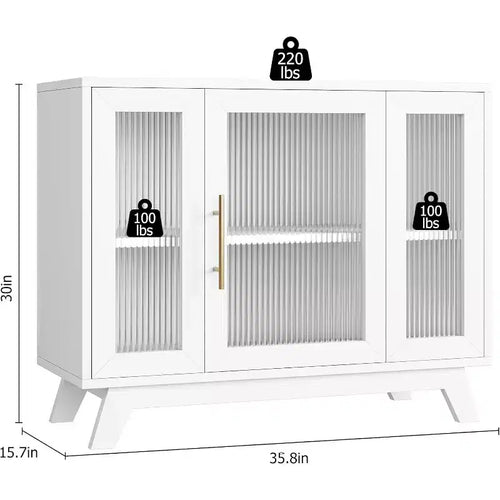 Acekool 35.8 Buffet de salle à manger blanc pur, portes en verre cannelé, poignées dorées, étagère réglable, console pour cuisine et salon