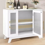 Acekool 35.8 Buffet de salle à manger blanc pur, portes en verre cannelé, poignées dorées, étagère réglable, console pour cuisine et salon