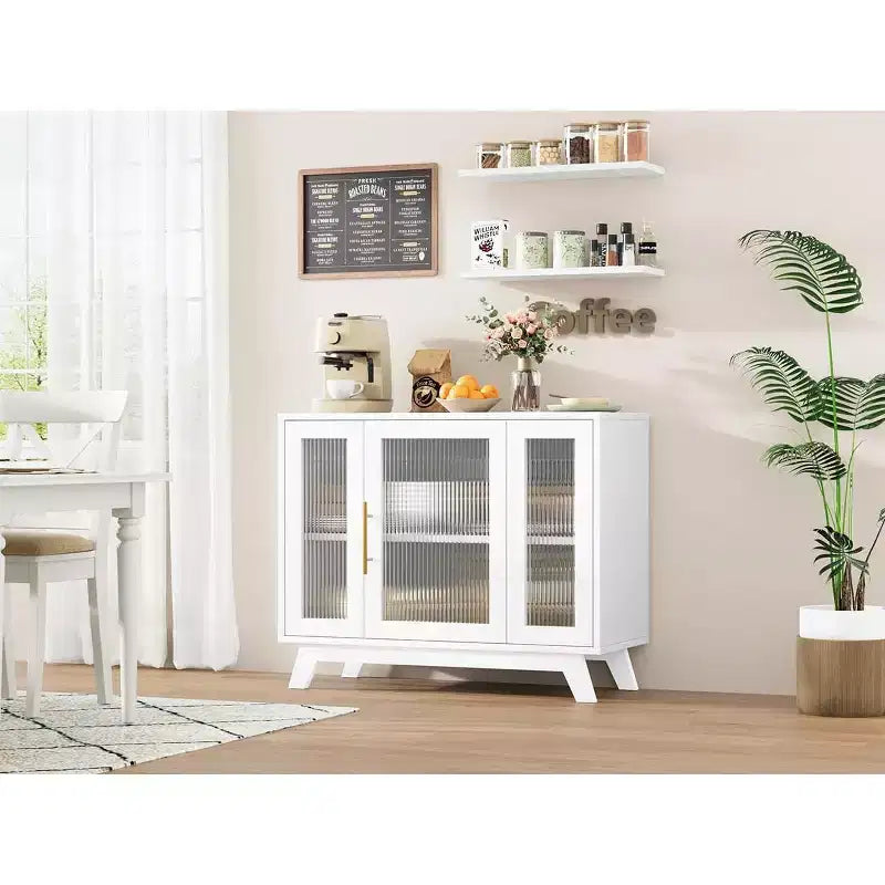 Acekool 35.8 Buffet de salle à manger blanc pur, portes en verre cannelé, poignées dorées, étagère réglable, console pour cuisine et salon