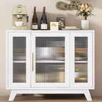 Acekool 35.8 Pure White Sideboard Buffet Cabinet, Fluted Glass Doors, Gold Handle, Adjustable Shelf, Console Table for Kitchen & Living Room