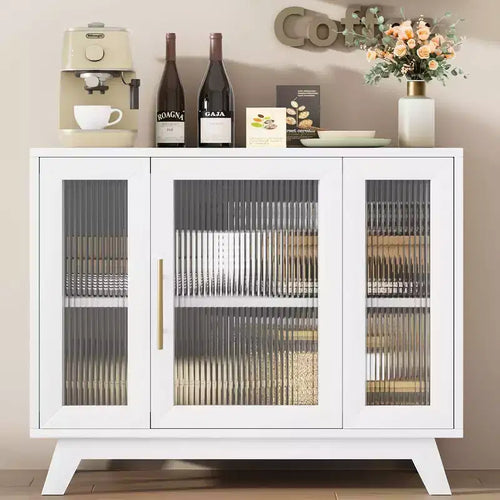 Acekool 35.8 Pure White Sideboard Buffet Cabinet, Fluted Glass Doors, Gold Handle, Adjustable Shelf, Console Table for Kitchen & Living Room