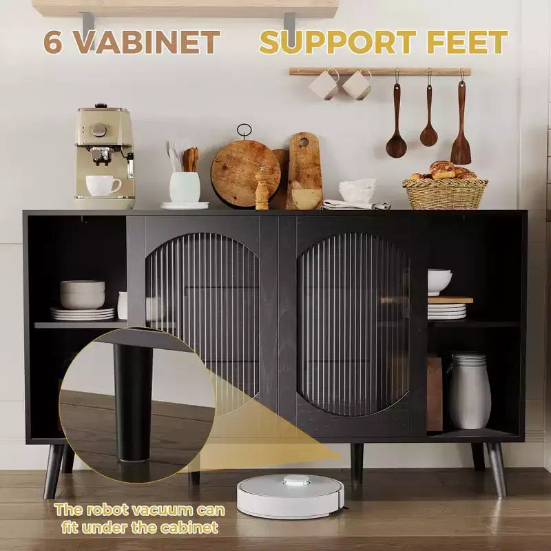 Bahut de Buffet avec Portes en Verre Canelé et Tiroirs, Meuble avec Rangement, Bahut Noir pour Cuisine, Salle à Manger, Salon