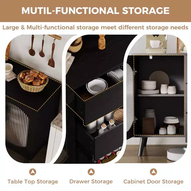 Bahut de Buffet avec Portes en Verre Canelé et Tiroirs, Meuble avec Rangement, Bahut Noir pour Cuisine, Salle à Manger, Salon