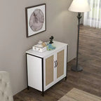 Meuble de rangement en rotin, buffet blanc avec rangement spacieux et 2 portes décorées en rotin, meuble de rangement pour salle à manger, salon
