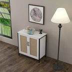 Meuble de rangement en rotin, buffet blanc avec rangement spacieux et 2 portes décorées en rotin, meuble de rangement pour salle à manger, salon
