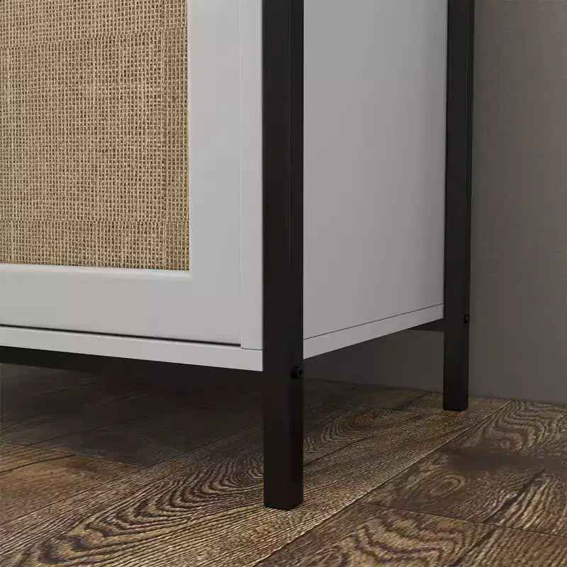 Meuble de rangement en rotin, buffet blanc avec rangement spacieux et 2 portes décorées en rotin, meuble de rangement pour salle à manger, salon