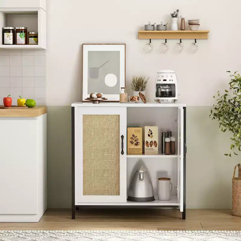 Meuble de rangement en rotin, buffet blanc avec rangement spacieux et 2 portes décorées en rotin, meuble de rangement pour salle à manger, salon